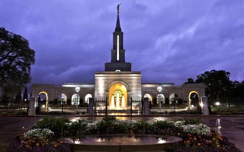 temple at dusk with fountain