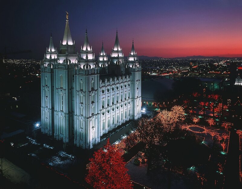 Temple at dusk with lights