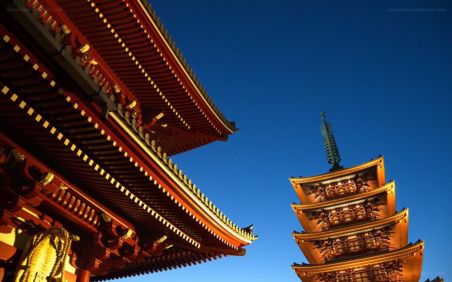 Temple at dusk with pagoda