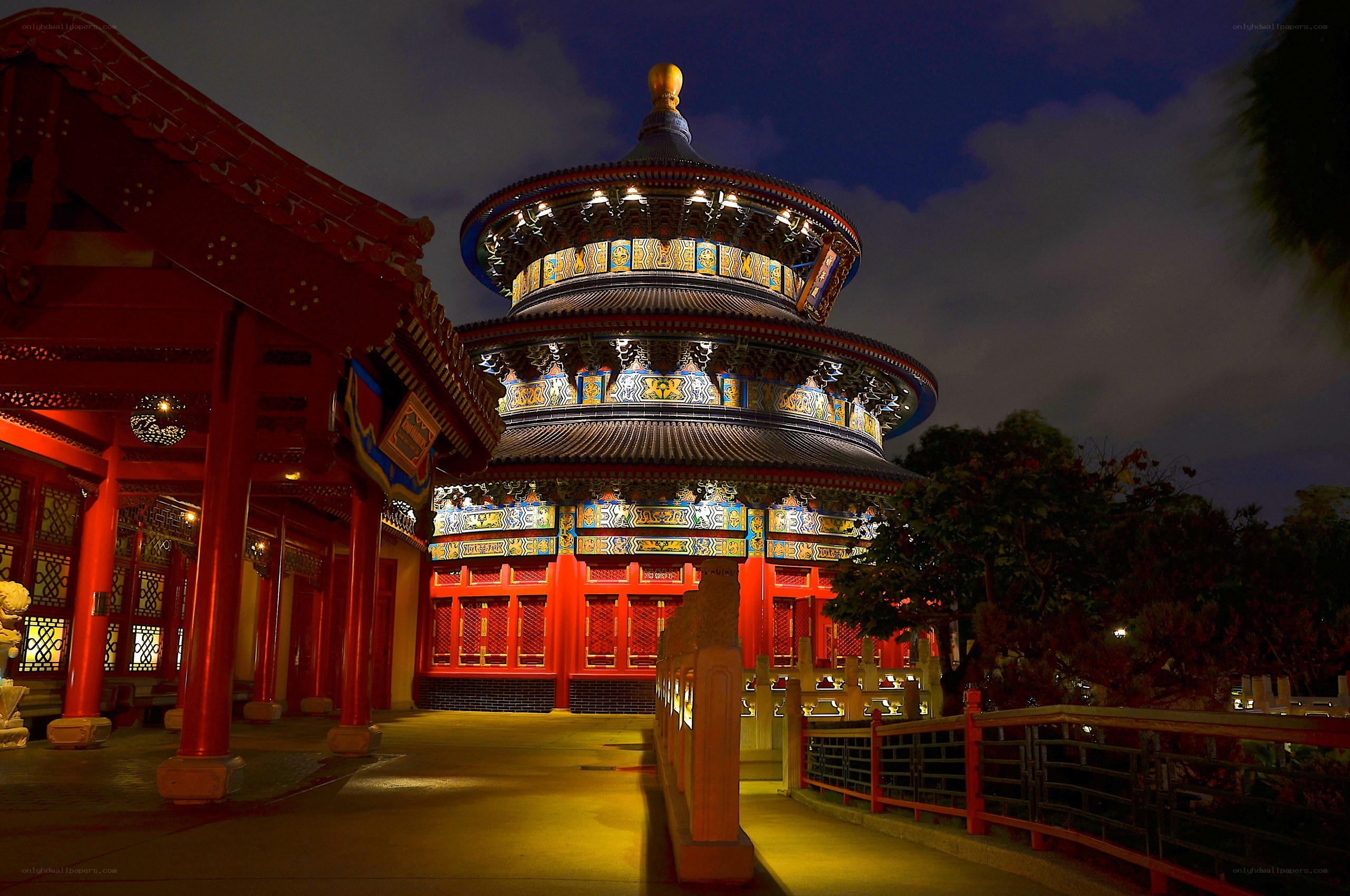 Temple at night in a park