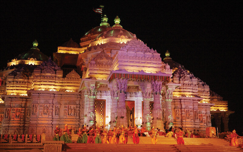 Temple at night with dancers