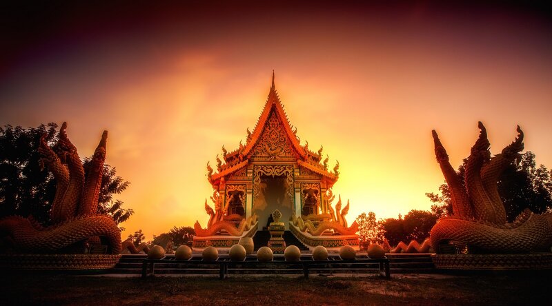 Temple at Sunset — Orange, Dramatic, Photograph