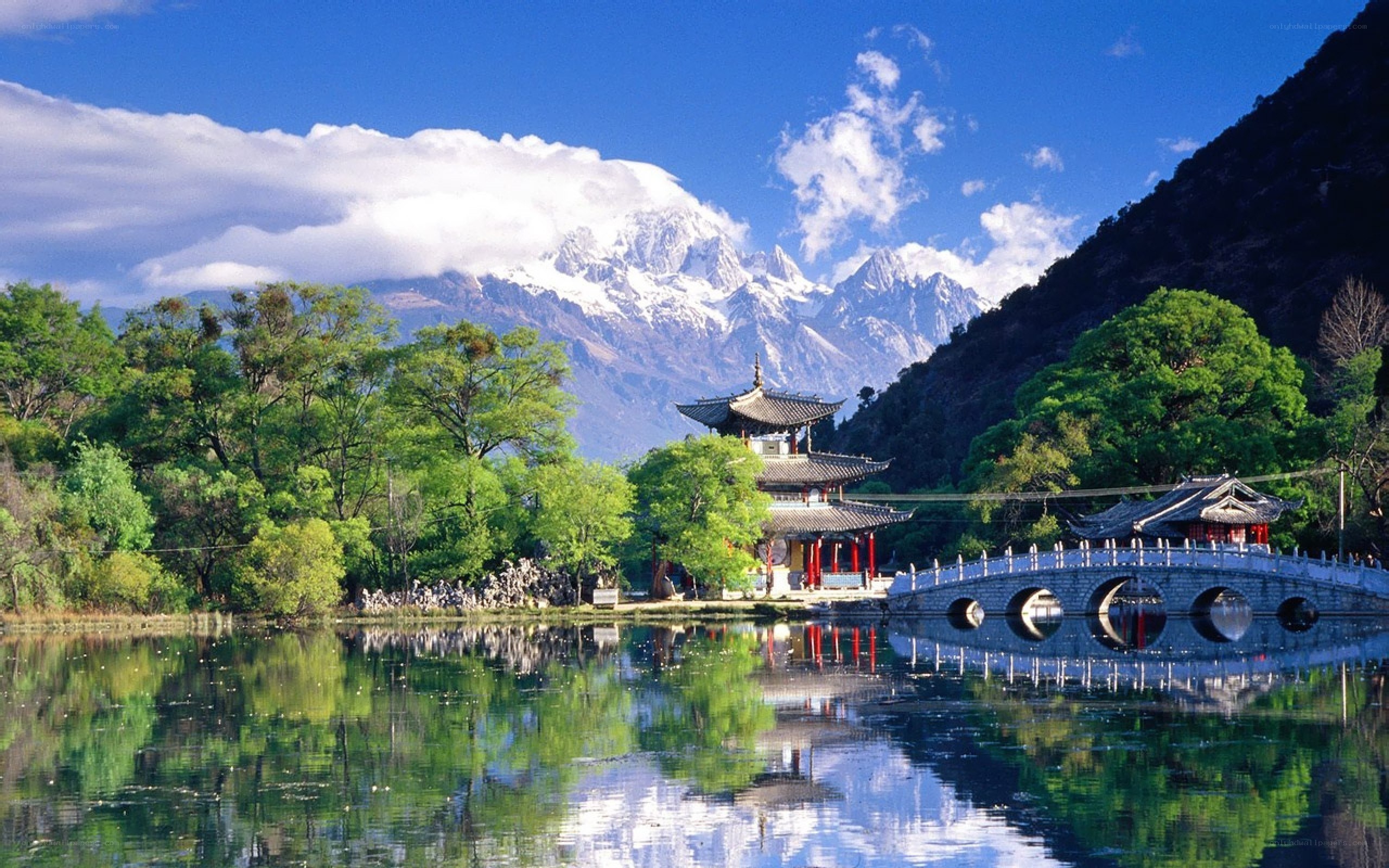 Temple by a lake with mountains