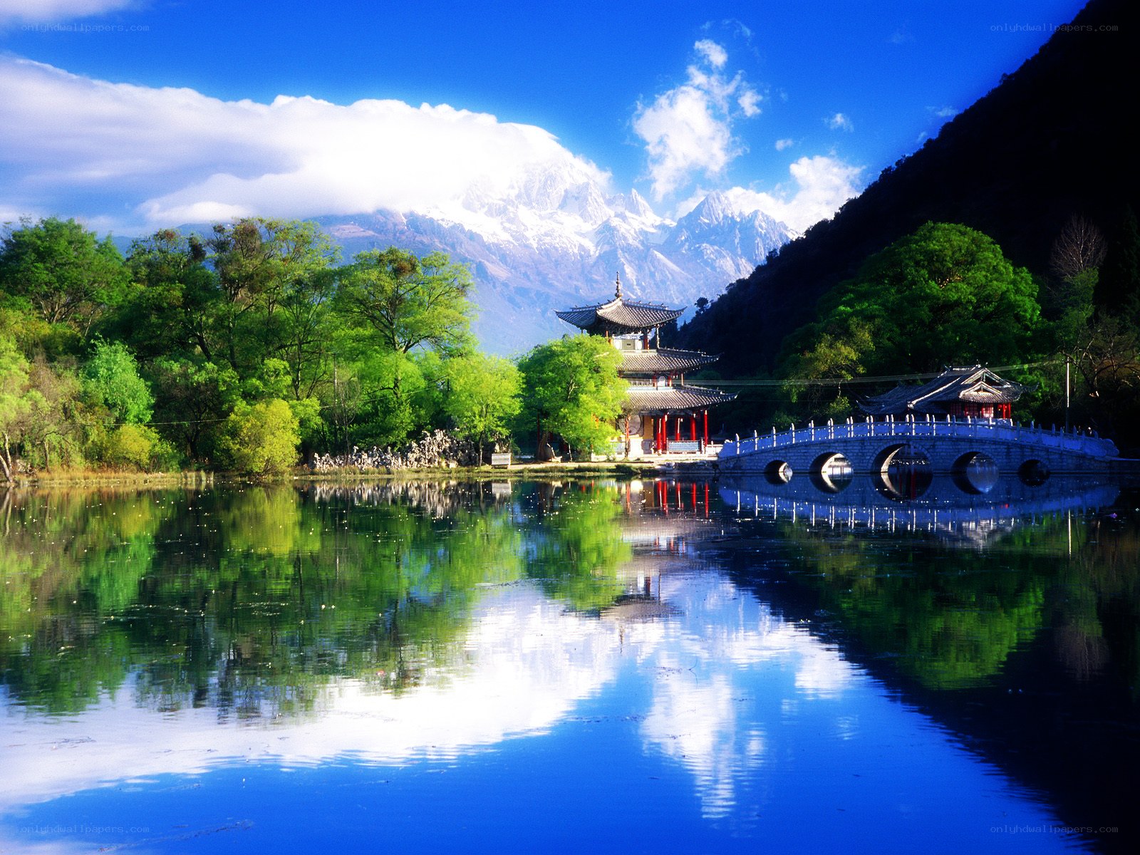 Temple by a lake with mountains