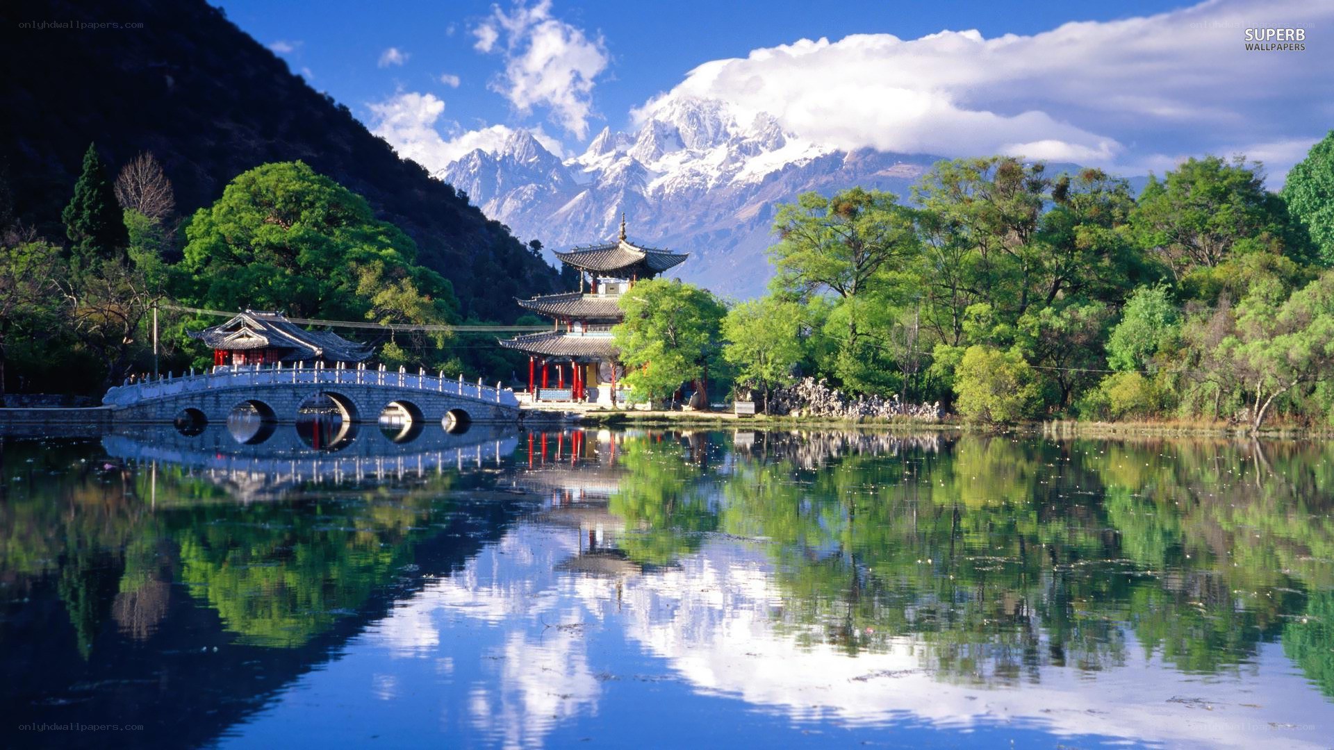 Temple by a lake with mountains