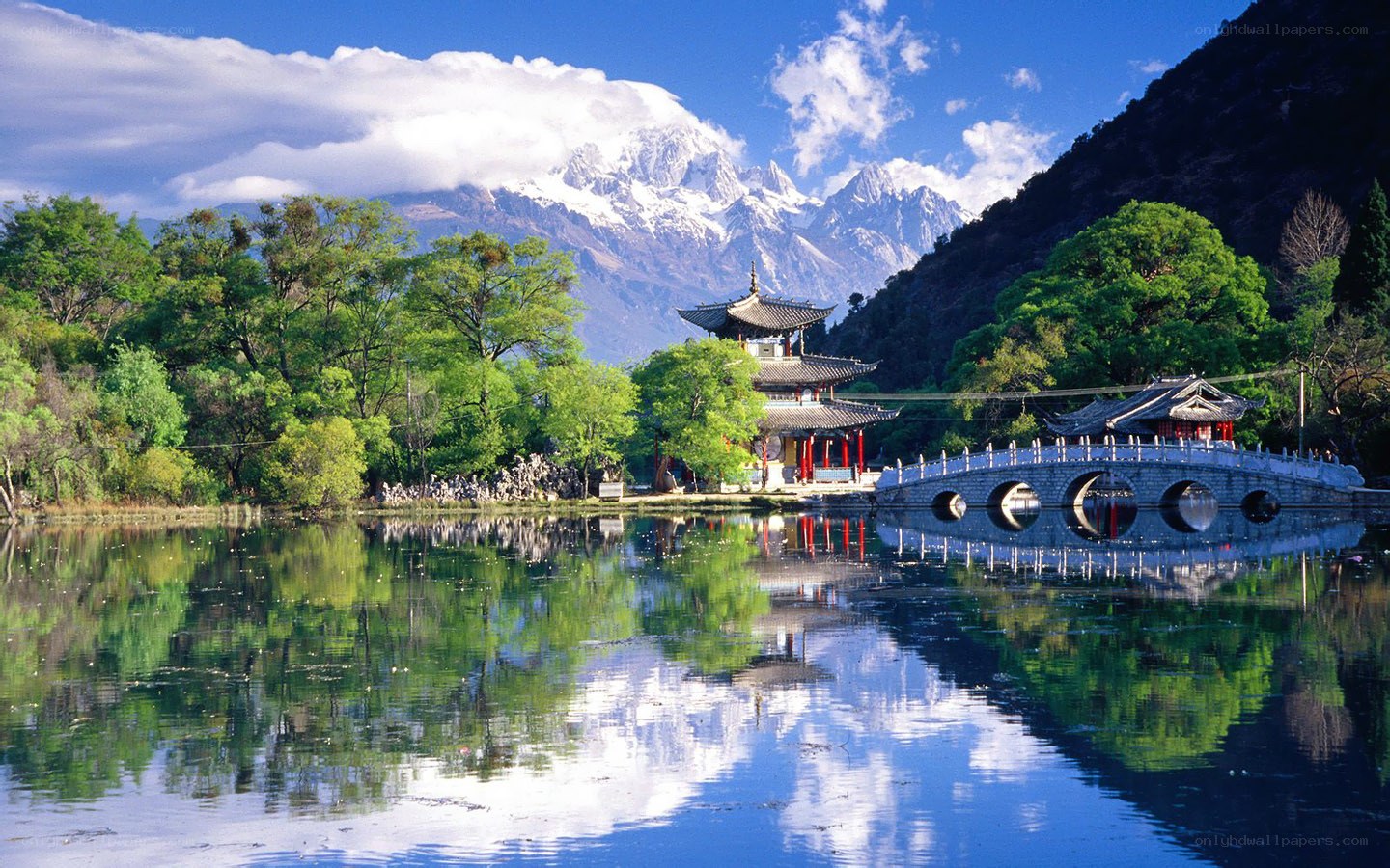 Temple by a lake with snow-capped mountains