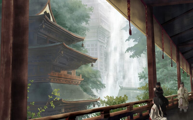 Temple by a waterfall