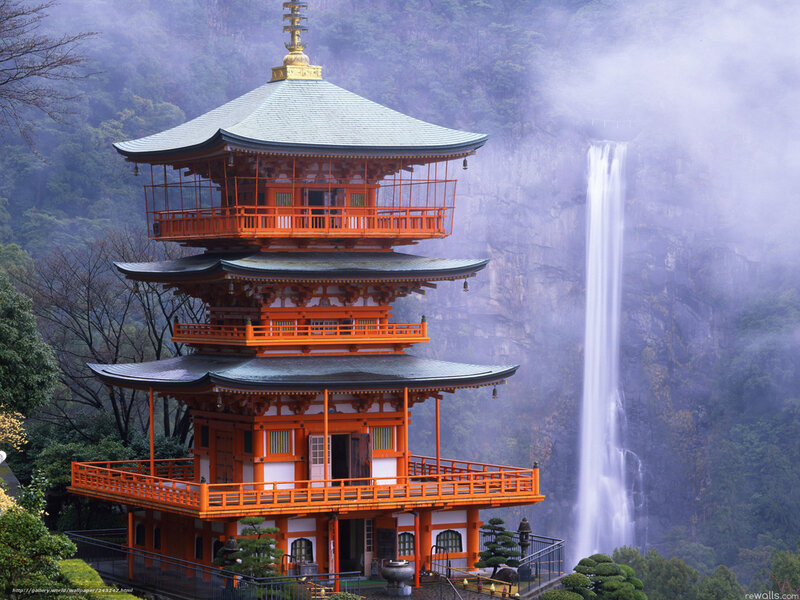 Temple by a waterfall