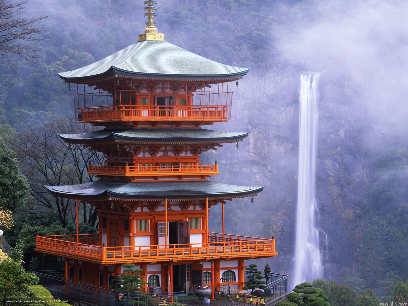 Temple by a waterfall
