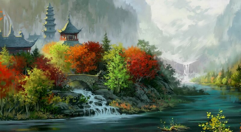 Temple by Autumn River — Green, Serene