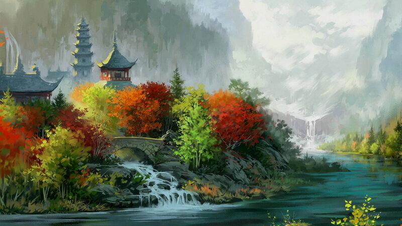 Temple by Autumn River