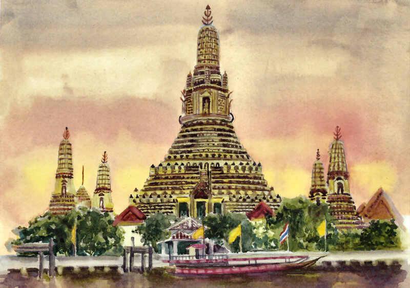 Temple by River at Sunset