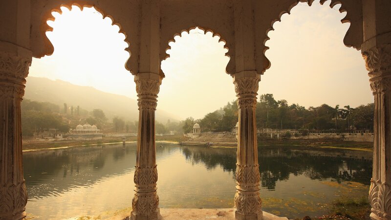 Temple by the lake at sunrise