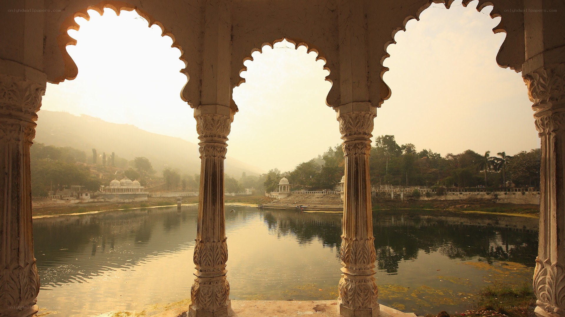 Temple by the lake at sunrise