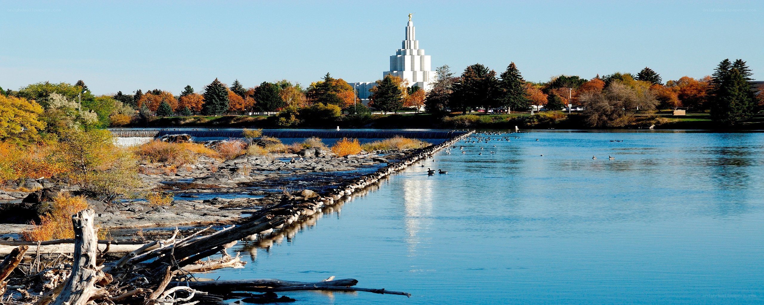 Temple by the river in autumn