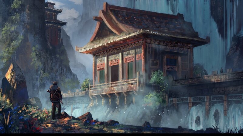 Temple by the waterfall