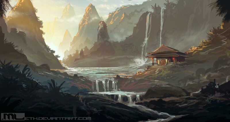 Temple by Waterfall — Brown