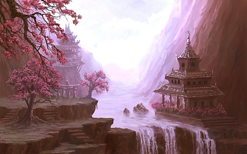 Temple by Waterfall