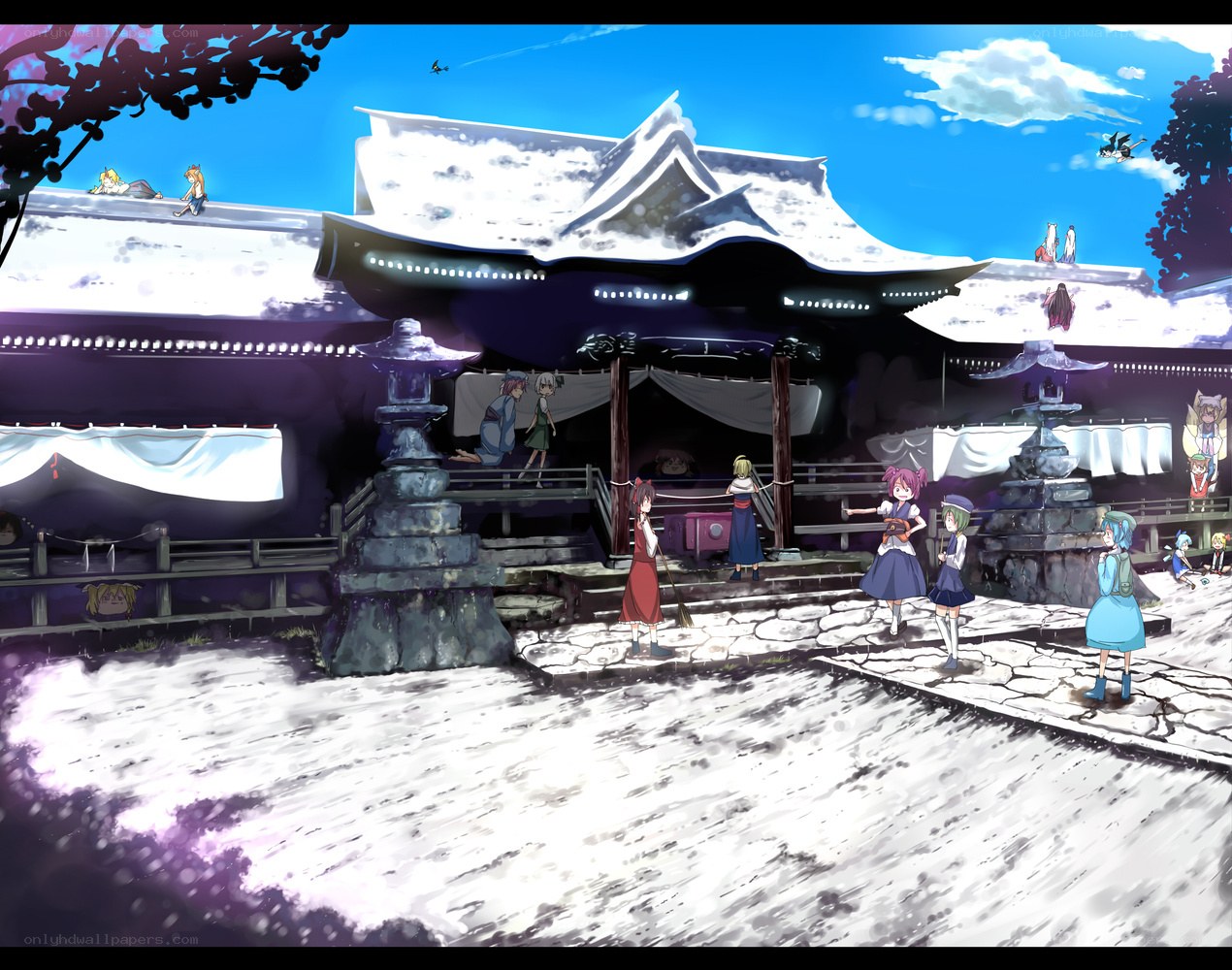 Temple courtyard with anime characters