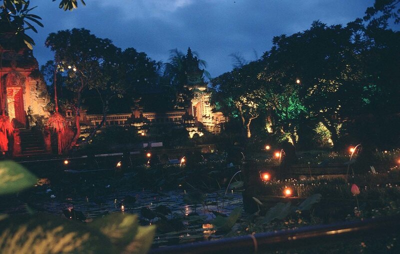 Temple garden at dusk
