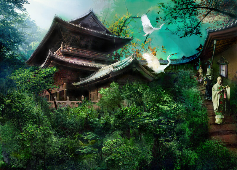 Temple in a lush forest
