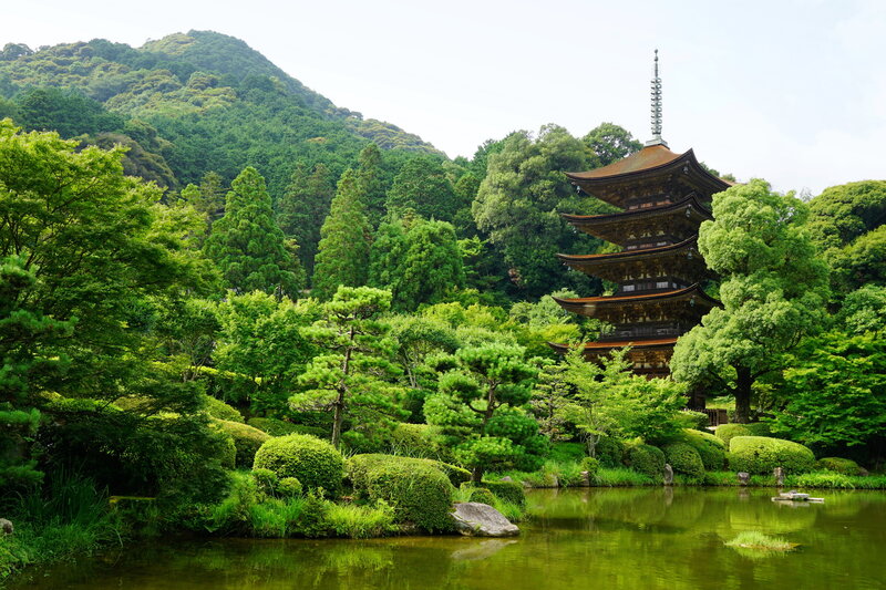Temple in a lush green garden