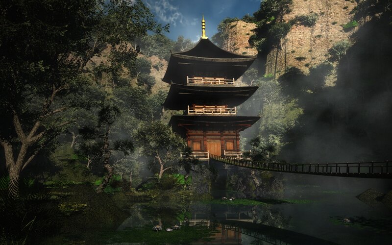 Temple in a misty forest