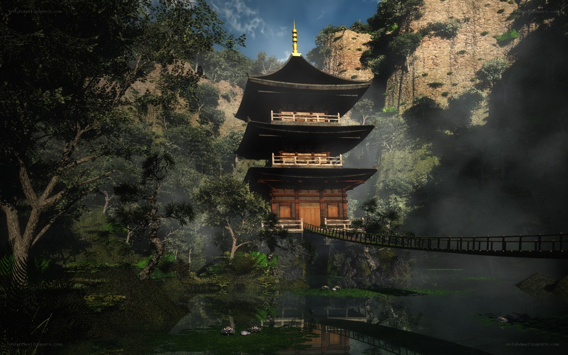 Temple in a misty forest