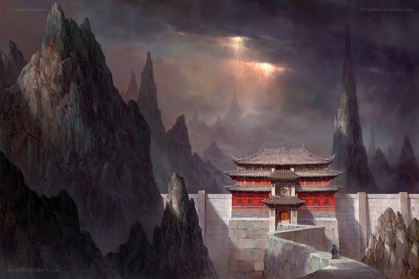 Temple in a stormy mountain pass