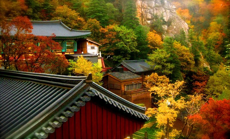 Temple in Autumn Forest — Red