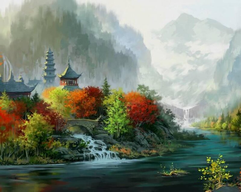 Temple in Autumn Mountains