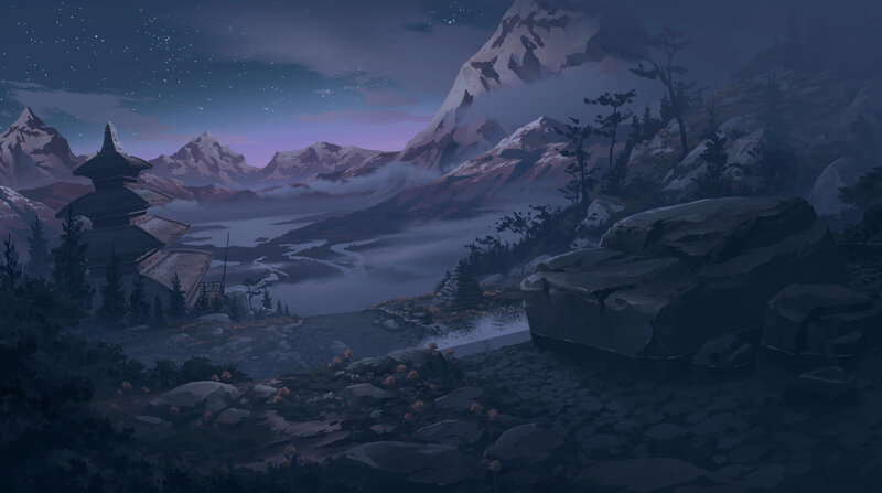 Temple in Mountain Valley — Purple