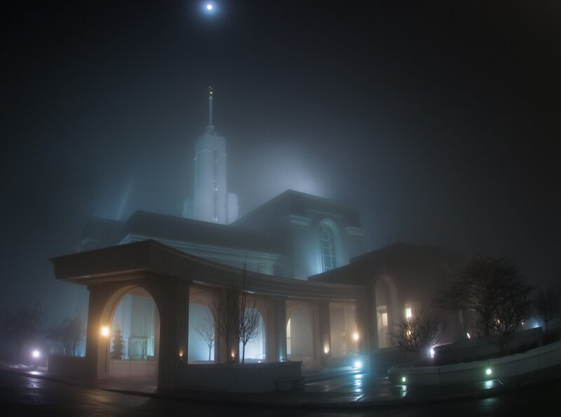 Temple in the fog at night