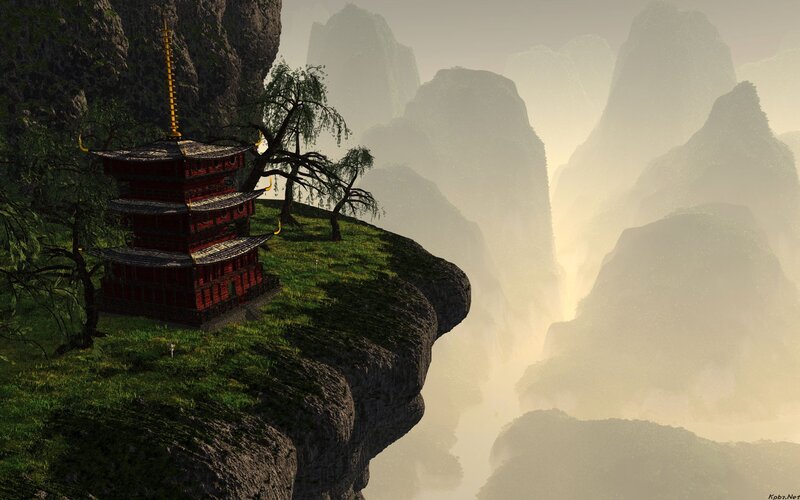 Temple on a cliff in misty mountains
