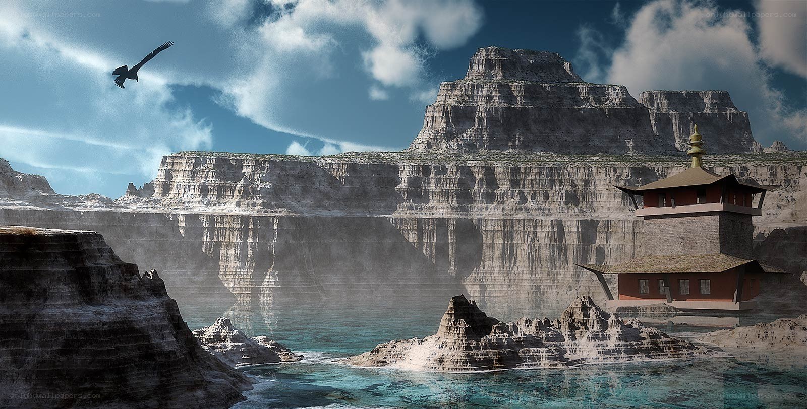 Temple on a cliffside island