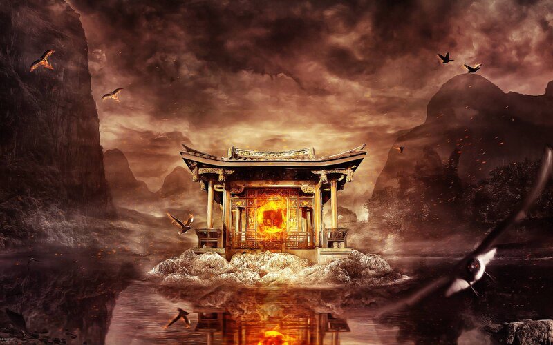 Temple on a fiery island