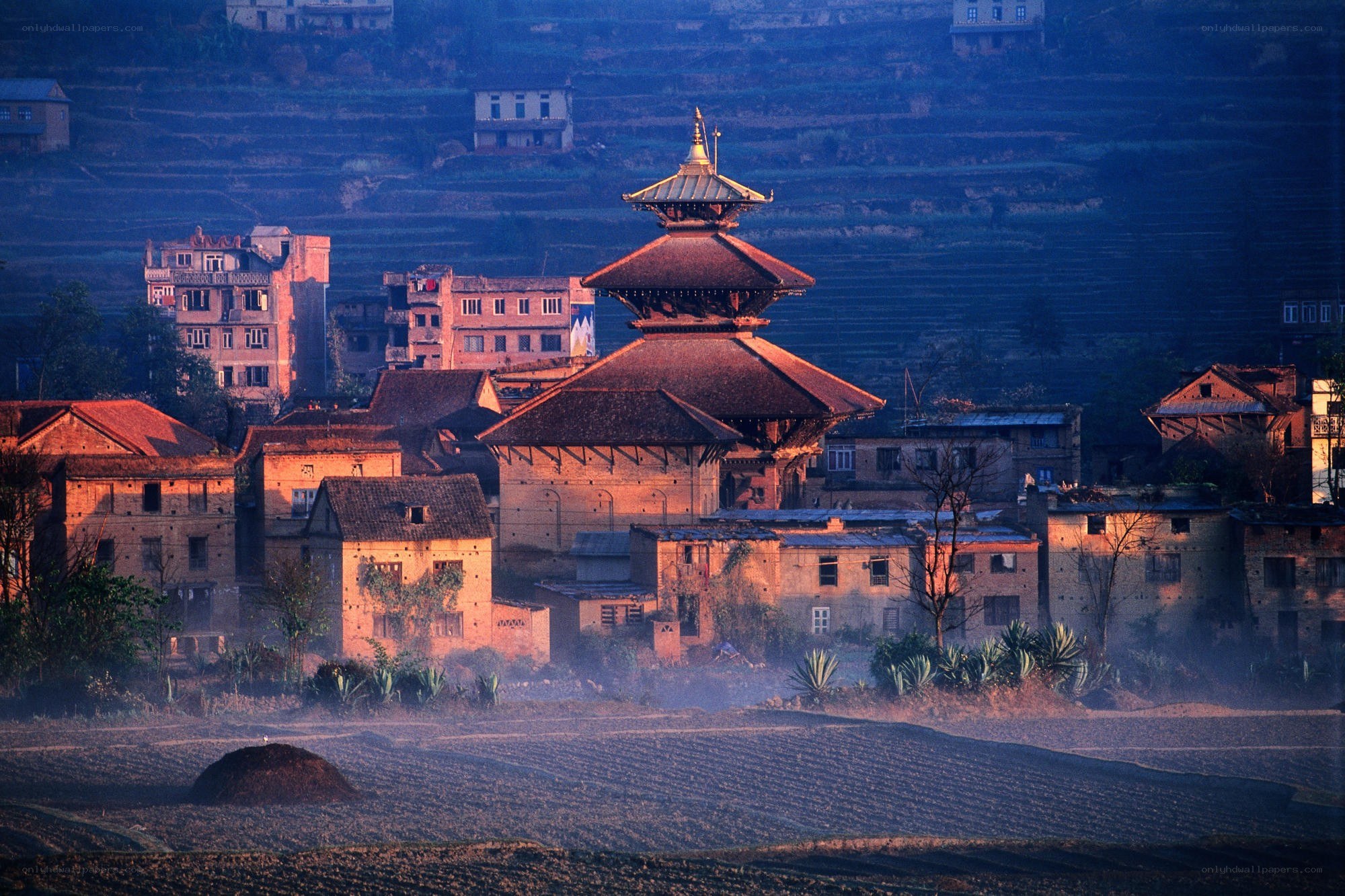 Temple on a hillside at dawn