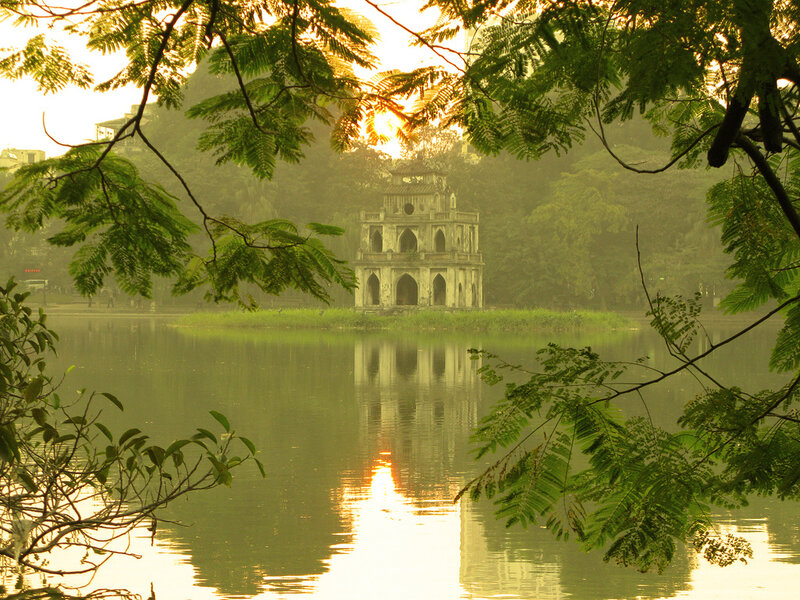 Temple on a lake at sunset