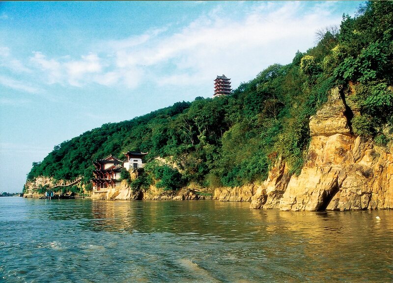 Temple on a riverbank hill
