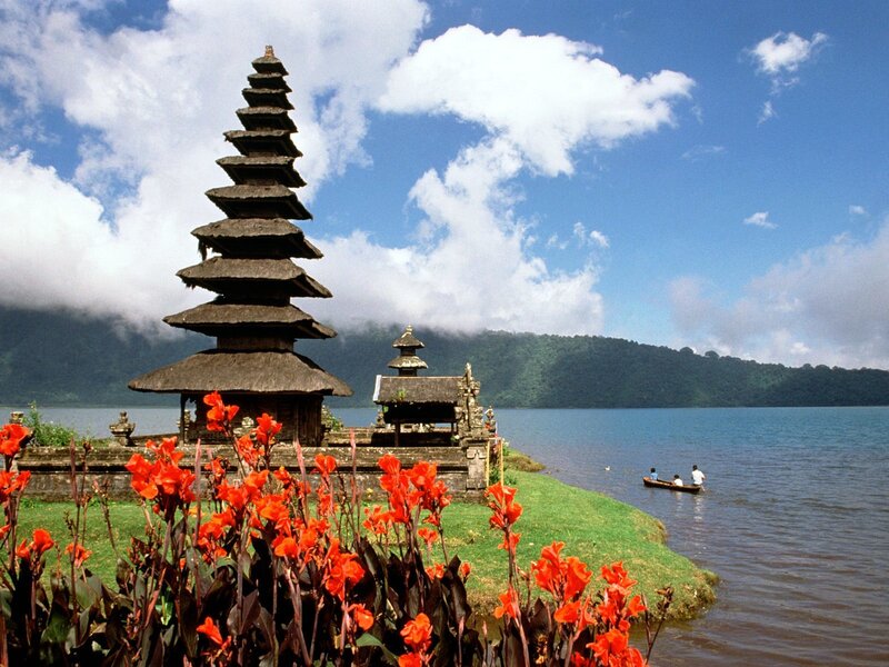 Temple on Lake Island — Blue, Serene, Afternoon, Photograph