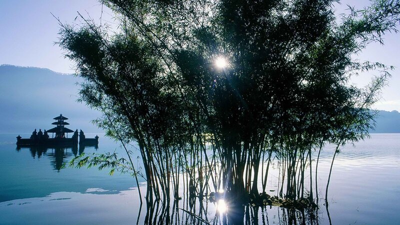 Temple on Lake Island — Blue, Serene, Morning, Photograph, Bamboo