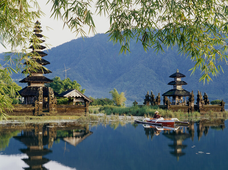 Temple on Lake Island — Blue, Serene, Morning, Photograph