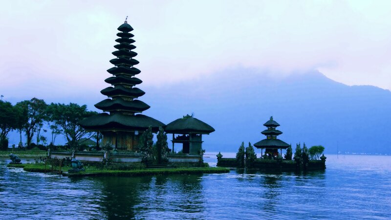 Temple on Lake Island — Blue, Serene