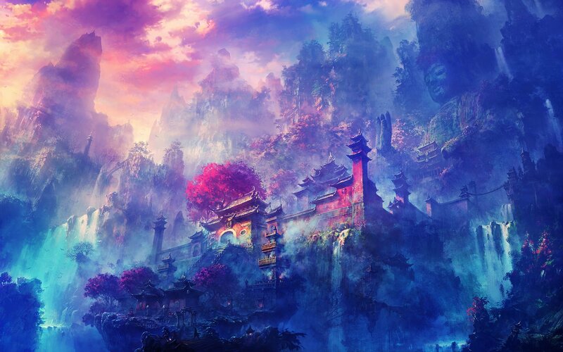 Temple on Mountain Cliff — Blue, Dramatic