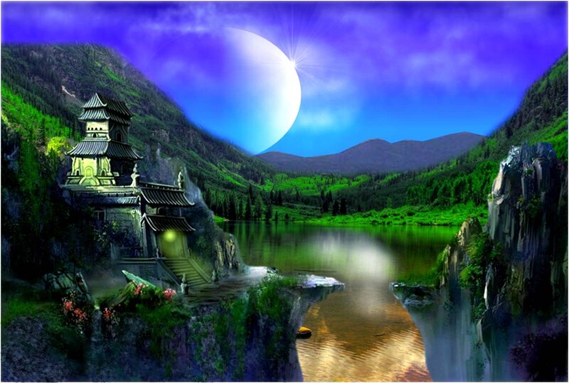 Temple on Mountain Cliff — Blue, Serene