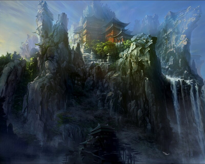 Temple on Mountain Cliff — Blue