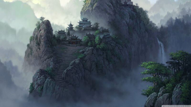 Temple on Mountain Cliff — Gray