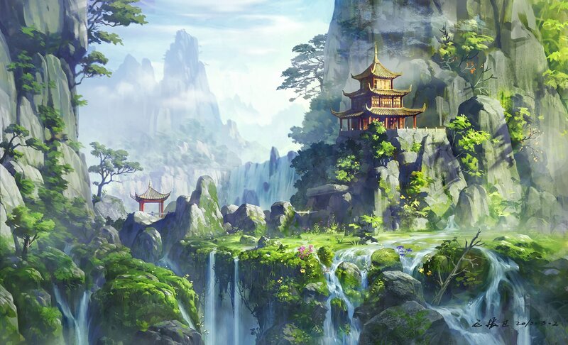 Temple on Mountain Cliff — Green, Serene, Morning
