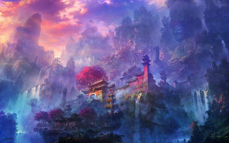 Temple on Mountain Cliff — Purple, Dramatic