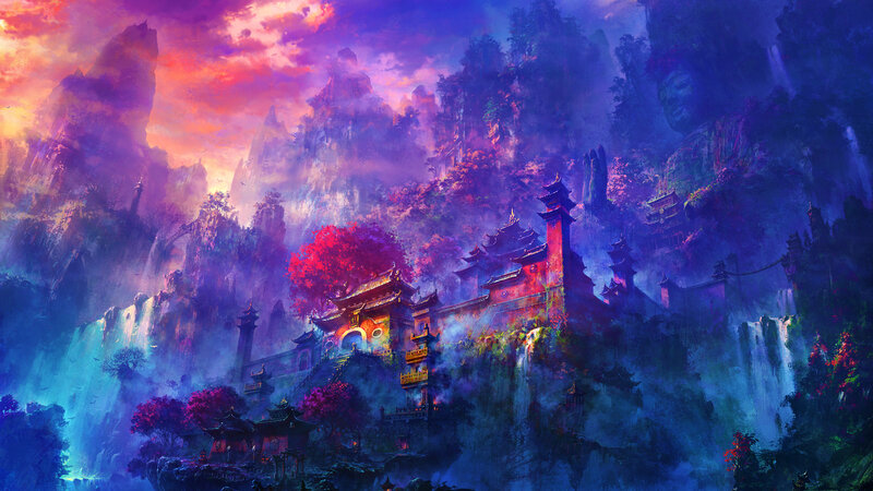 Temple on Mountain Cliff — Purple